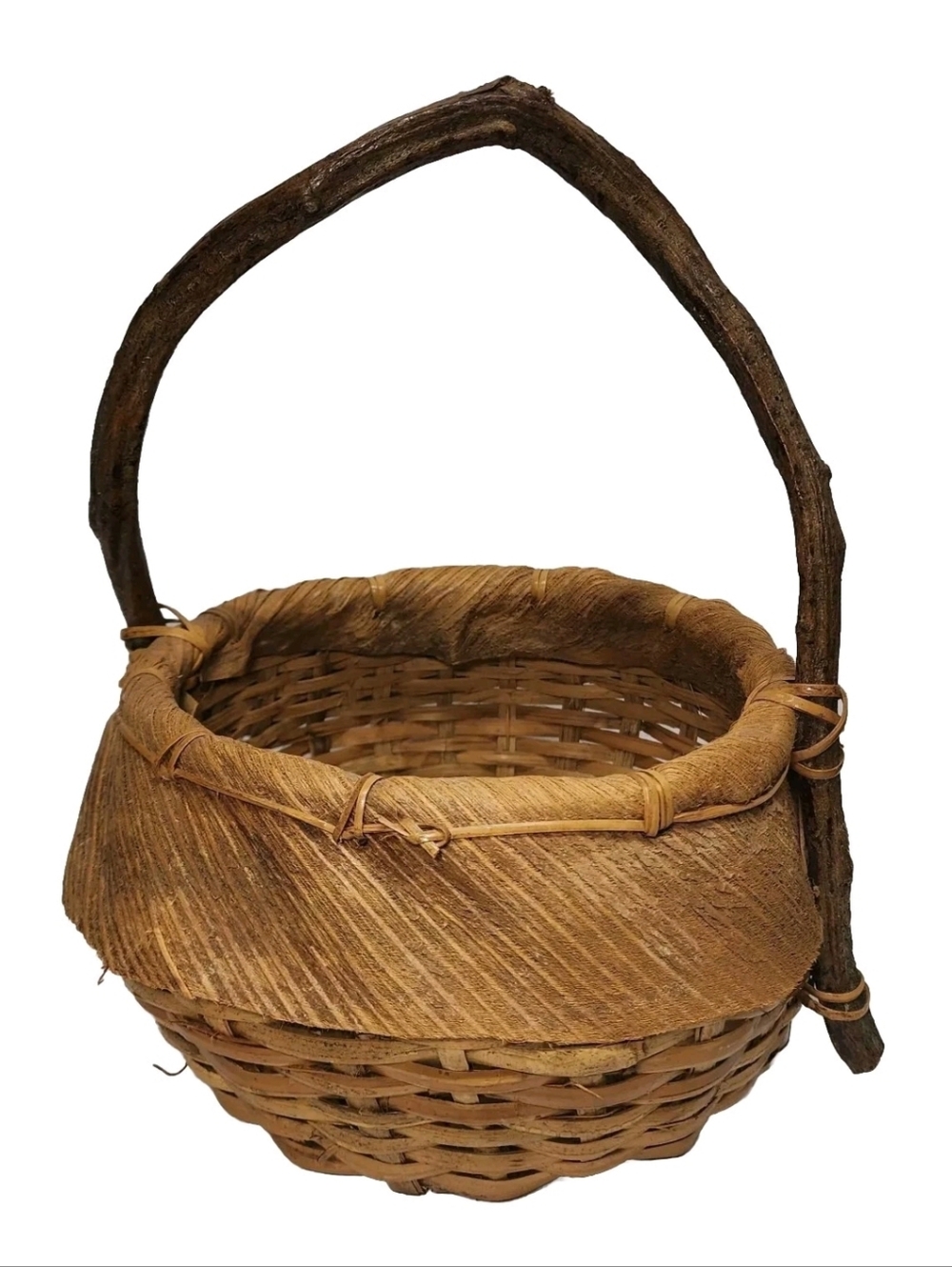 Vintage Primitive Basket Hand Crafted Wood Handle Woven Wicker Unique Large